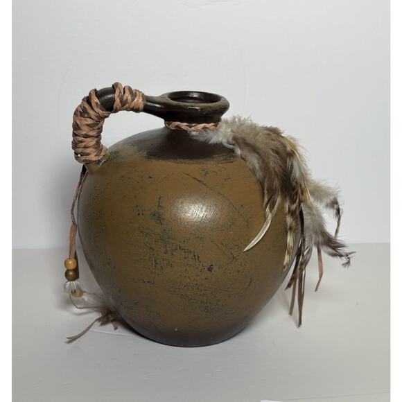 Hand Painted Ceramic Jug Indian Chief Leather Straps Feathers & Beads 7.5"H - Picture 4 of 16